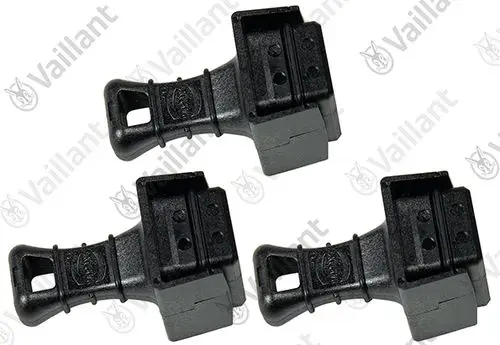 Drei schwarze Stecker von Vaillant. Kompaktes Design mit Halterung und Öffnung zur einfachen Befestigung. Geeignet für elektrische Anwendungen.